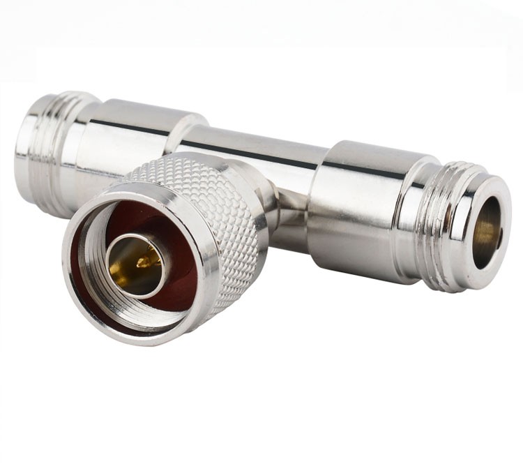 Three-way N-female type coaxial RF connector for splitting signal cables safely