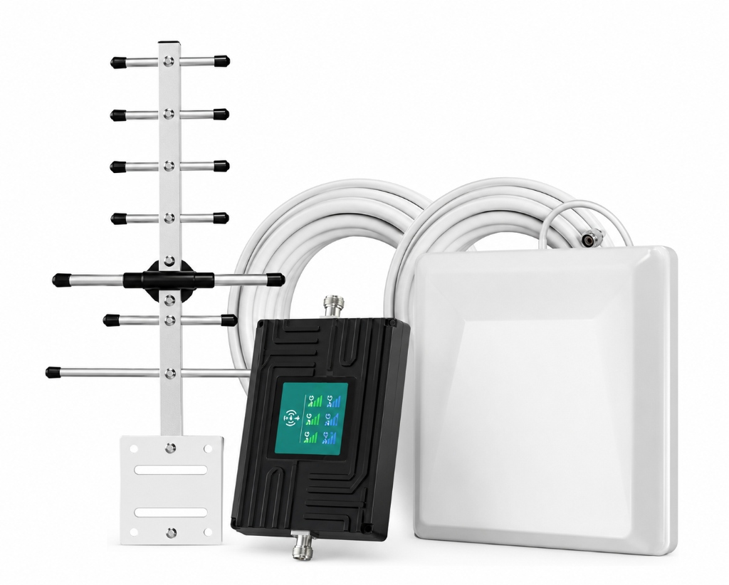 Black commercial-grade signal booster kit with outdoor Yagi antenna, indoor patch antenna, and cables.