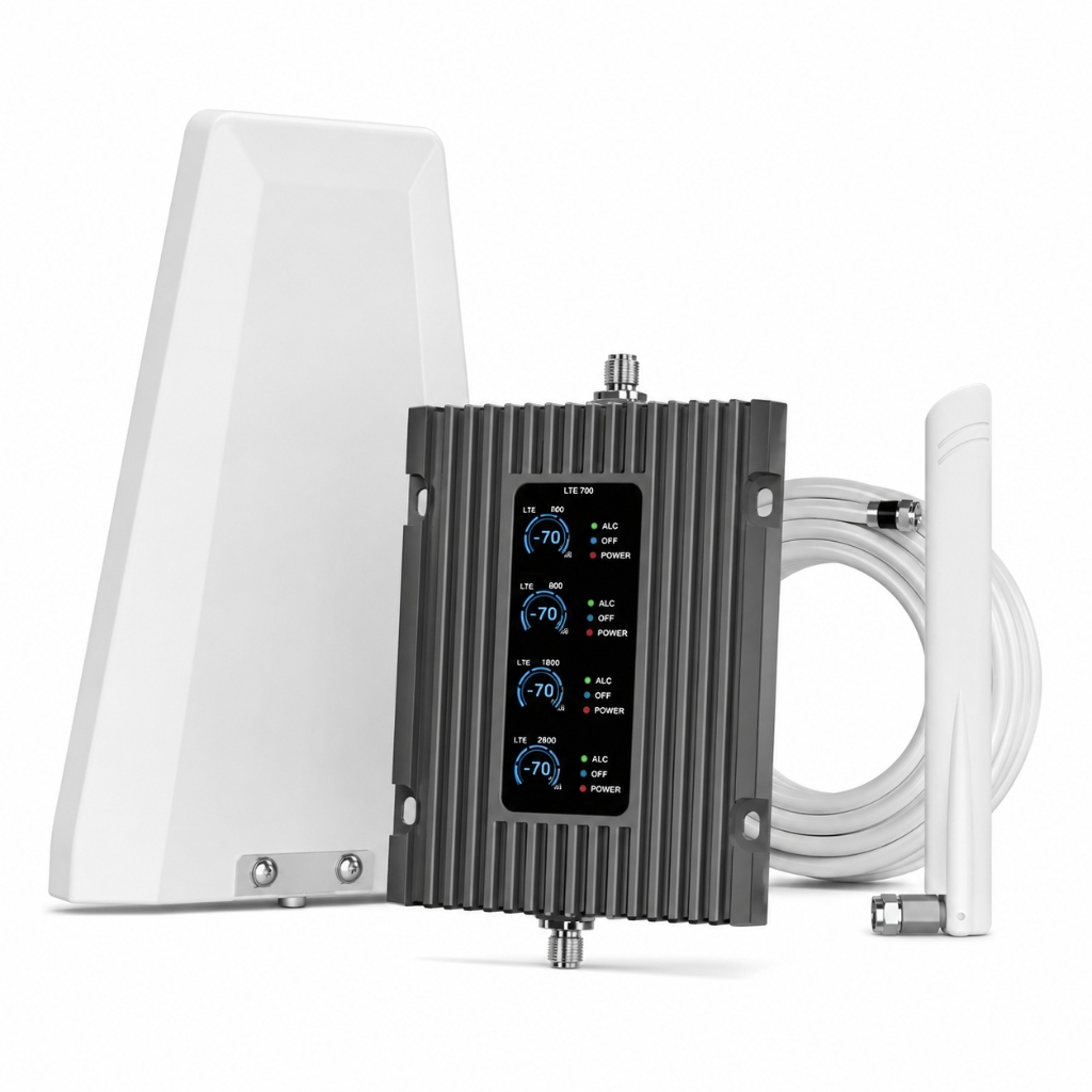 Grey multi-band mobile signal booster kit with LCD display, high-gain outdoor LPDA antenna, whip antenna, and coaxial cable.