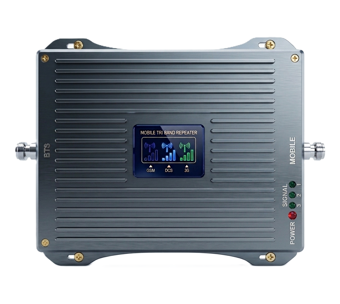 Black tri-band network repeater, 65dBm gain, operating on 900MHz, 1800MHz, and 2100MHz