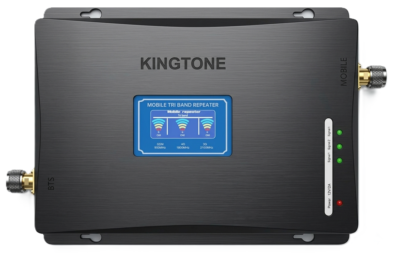 Kingtone black tri-band signal repeater, 75dBm output, supporting 850MHz, 1800MHz, and 2100MHz