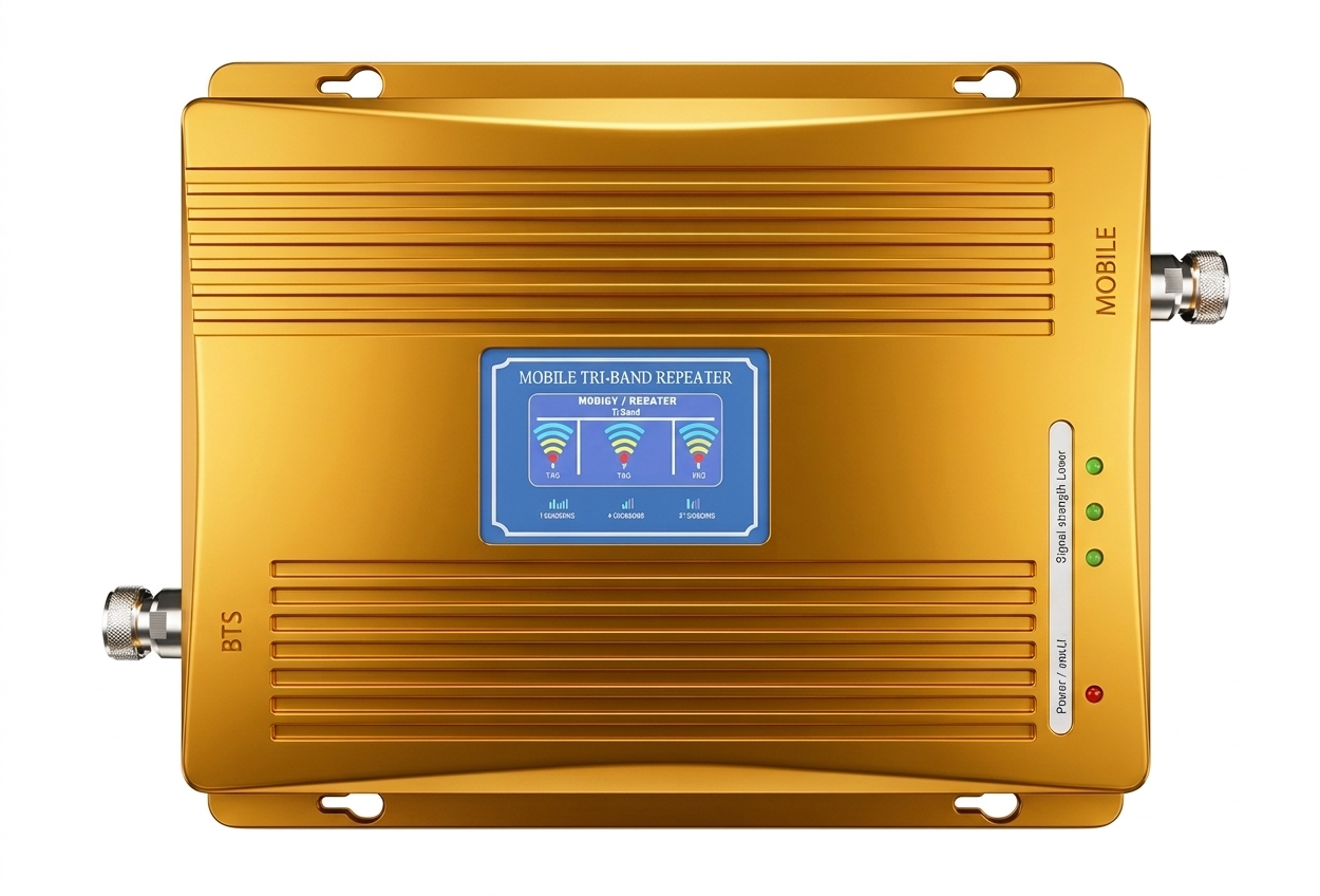 Golden 5G mobile signal booster, 70dBm gain, supporting high-speed bands for Jio and Airtel