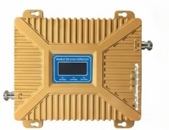 White tri-band mobile booster, 70dBm gain, supporting Airtel, Jio, and Vi simultaneously