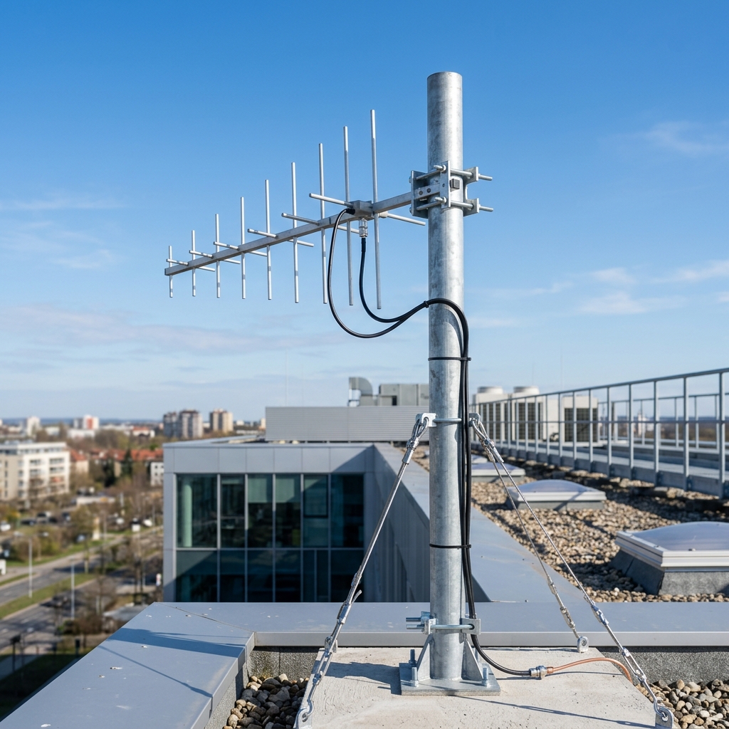 Rooftop installation of directional LPDA antenna pointing to the nearest cell tower