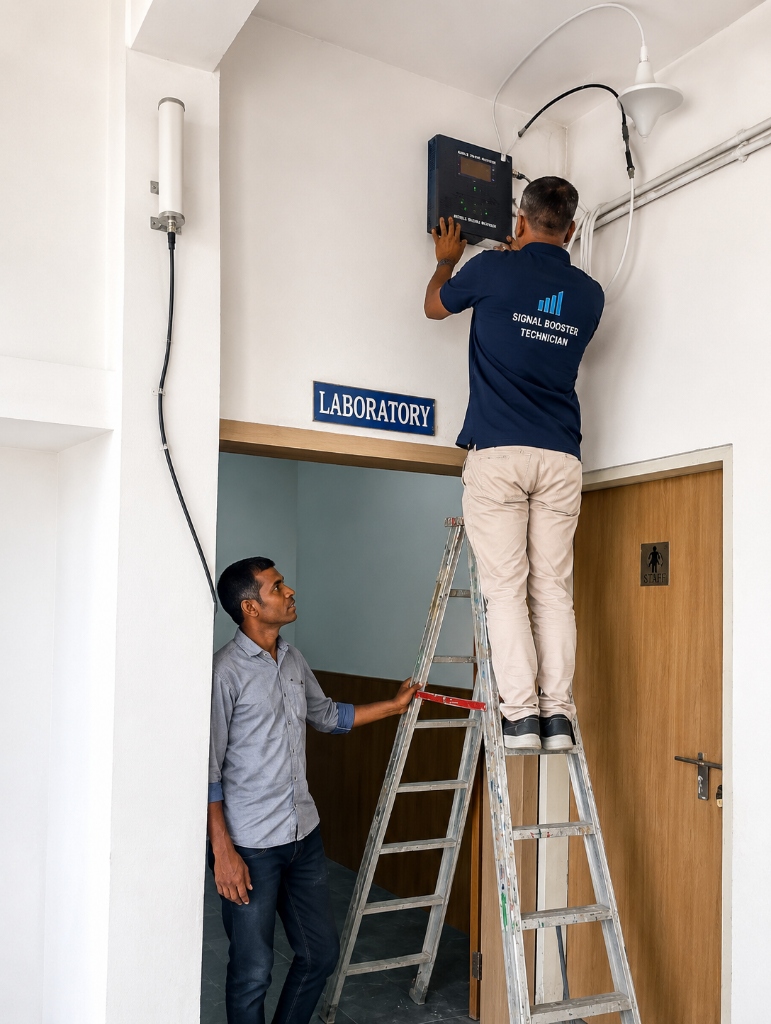 Professional signal booster technician mounting a repeater on a wall with clean alignment